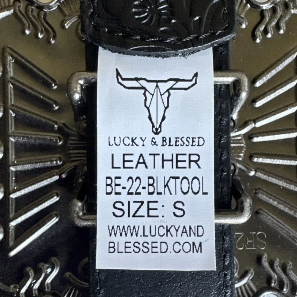 New Lucky & Blessed Black Embossed Concho Belt - Size S Runs Bigger Dust Bag